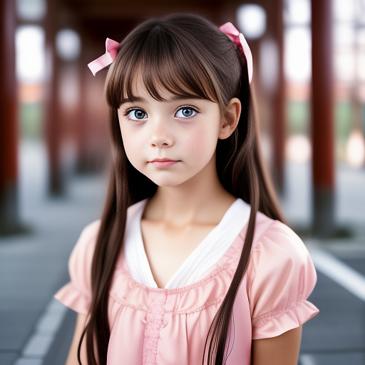 6 year old girl. she has dark brown hair that is down with a pink ribbon. she has pale skin and hazel eyes. she is wearing a pink dress. she has tears in her eyes, and  a  big dark bruise on her right cheek. her expression is sad, and withdrawn. realistic picture.american. no bangs
 in anime style