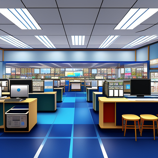 Make a background that i can write text on and the design is related to my job, which is a computer service shop and internet cafe, and has blue and white colors. in anime style