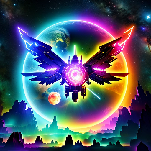 A cheerful transformer flies through space against the backdrop of planets. in angelcore style