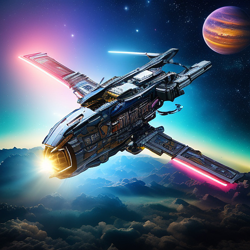 A cheerful transformer flies through space against the backdrop of planets. in angelcore style