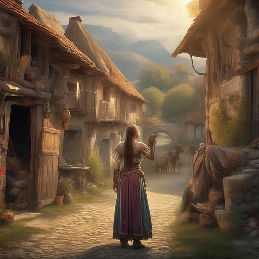 A woman says goodbye to village warrior dramatic - heartfelt
 in fantasy style