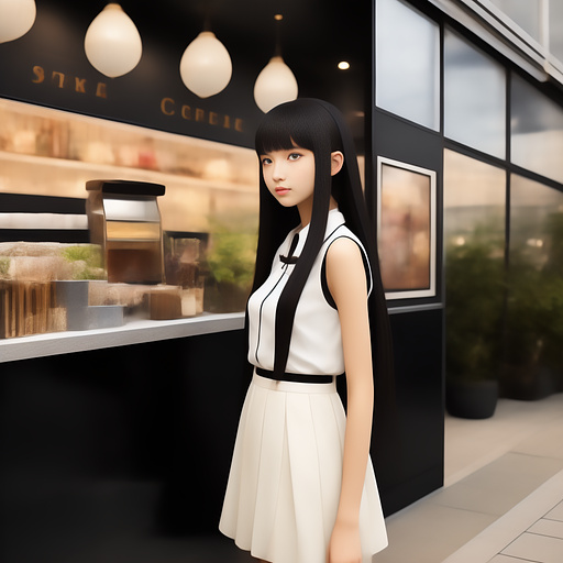 Fair complexion girl, tall, modern clothes, black eyes and dark hair, standing in front of a coffee shop in anime style