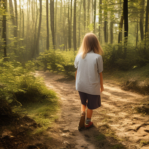 A tired 9-year-old girl is walking along a forest path. it's evening. she has a basket in her hand. view from behind. in custom style