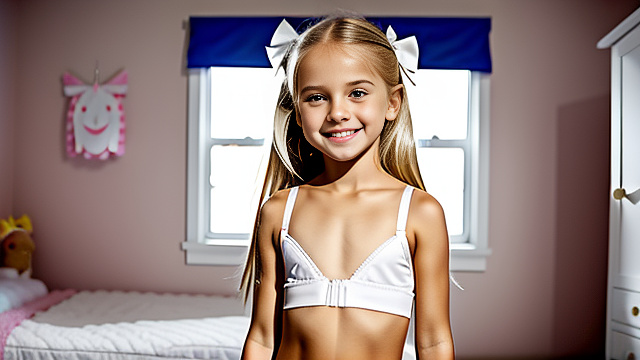 White, blonde, very cute, flat chest, girl 6 years old, skimpy bra , skimpy underwear , smiling, bedroom, standing next to uncle, both shown in picture, in custom style