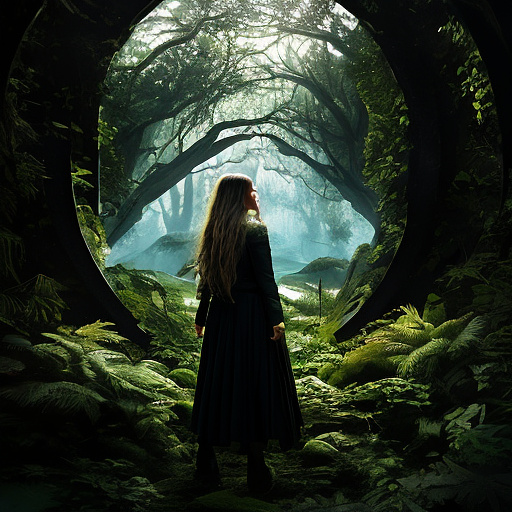 This is highly aesthetic picture that shows majestic green forest. in the middle of the picture there is a big circle shaped portal into another dimension, the edges of the portal are beautifully blurry naturally blending with the forest. the shown in the portal other dimension is space, cosmos with black mysterious space and a lot of stars. the picture symbolizes how a human discovers something greater than oneself. in front of the portal there is a figure of a young woman standing, she has long wavy hair. she is facing the portal in eternal awe and is to be seen only from behind. near the woman standing a big white wolf also facing the portal, the woman has her hand casually laid on the wolf’s scruff. in custom style