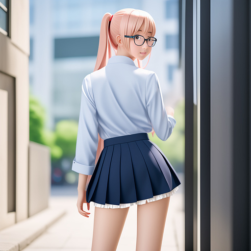 Anime girl, peed skirt, school uniform, glasses, embarrassed, blond, blushing in anime style