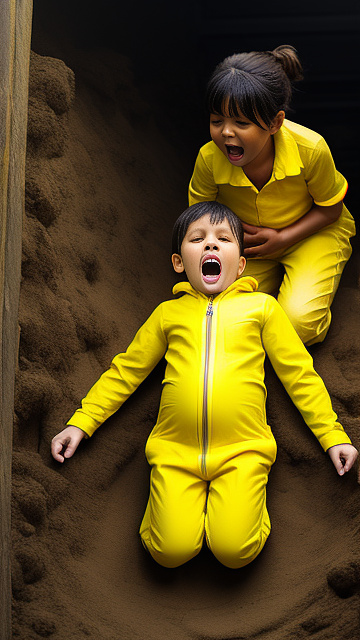 Realistic, pregnant, 7-years-old-boy, yellow jumpsuit, yellow boots, screaming in pain, birthing  in custom style