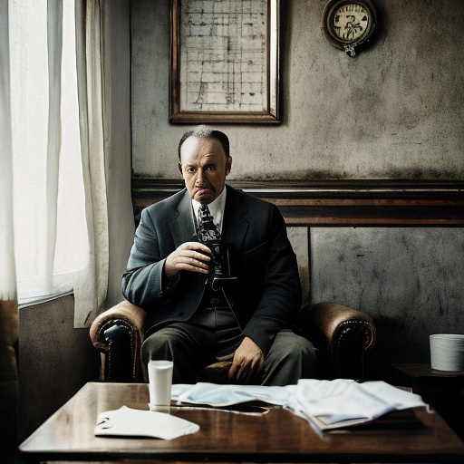 In a dark room, there is a telephone and a gun on the table. a man is sitting on a chair, and he is dead. in custom style