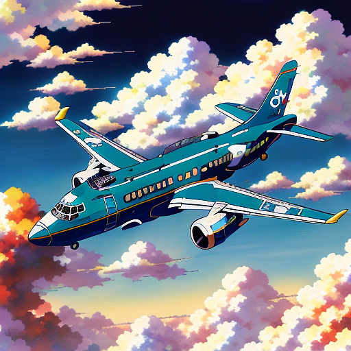 An airplane is flying. people in anime style