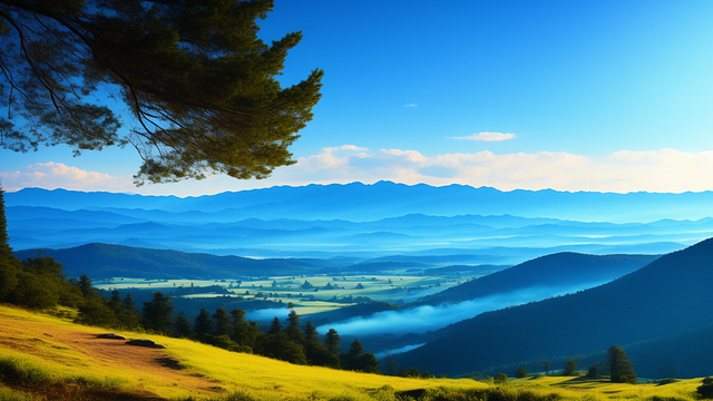On the mountain overlooking wide blue hazy  valley with tall distant mountains in custom style