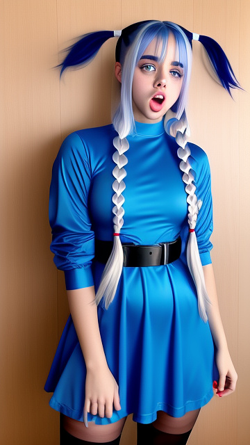 Billie eilish with her hair in pigtails, wearing a blue dress with red belt and black pantyhose, doing the ahegao facial expression. in custom style