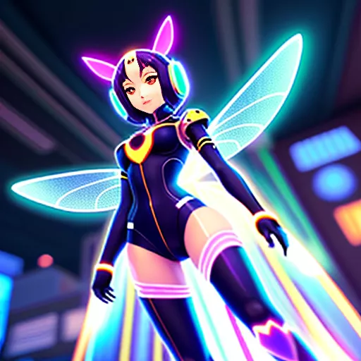 Humanoid glitchy hornet in anime style