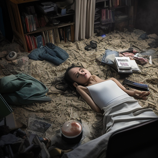 The room is dark, smoky and a mess, the bed is broken. there is an ashtray with an outstanding cigarette on the table. a 13-year-old girl is lying on a bed and crying. in custom style