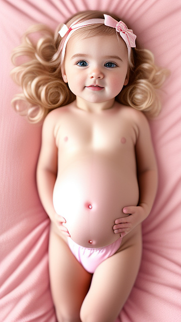 Realistic, detailed, 1-month-old blonde girl, pregnant, pink wedding outfit, showing belly, laying in bed, top down full body view, red blush, pink heart on cheek in custom style