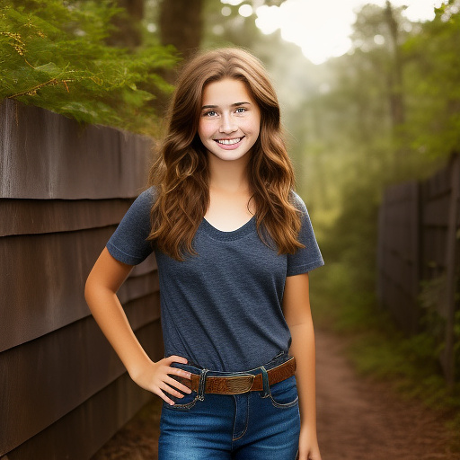 Extremely attractive 13 year old very youthful, happy, country girl with brown hair and big breasts, and a freckled face wearing a loose, dark dark brown, t-shirt with jeans, boots, and a belt standing in front of a wood fence standing in leaf litter. in custom style