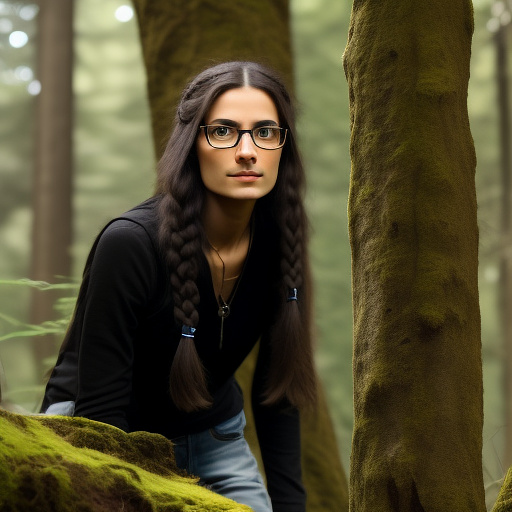 Ultra realistically a 22 year old german girl with a black braid with glasses and brown eyes 1.70 tall thin in the forest is entered by a 40 -year -old man with his penis into her vagina in custom style