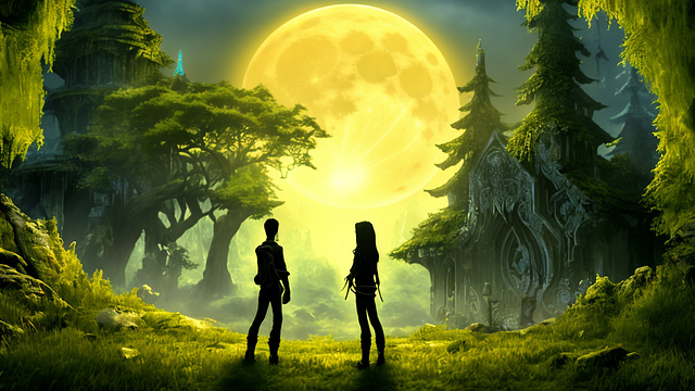 A 20 year old male and a 17 year old female looking up at a beautiful full moon.
 in angelcore style