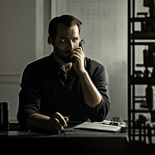 In a dark room, there is a telephone and a gun on the table. a man is sitting on a chair, and he is dead. in custom style