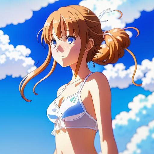 11 years old girl in the white see-through bikini in anime style