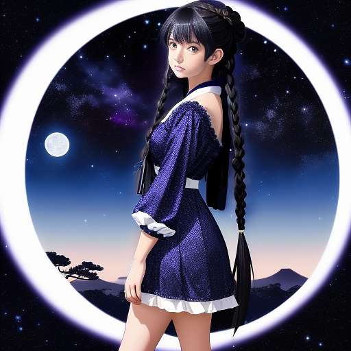 A girl with long dark blue hair and purple eyes, wearing a black and blue knee-length dress that is full of galactic patterns. the background is a photo of the moon, stars, and night. the dress should be black and blue and it should be for the victorian era. the girl should braid her hair and her eyes should be purple. in anime style