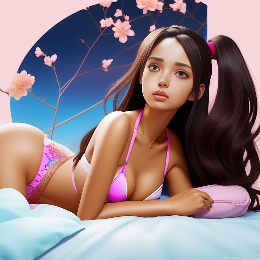 Hyper realistic, latina, dark hair, skinny unfinished, blossoming, pink bikini, very high-heeled pink sandals, young face, high ponytail, is lying on bed. very high quality, detailled body, studio quality. in anime style