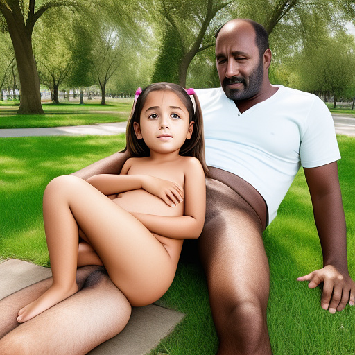 Ultra realistically a 9 year old girl sits in the park with a 40 -year -old man on his lap his penis penetrates into her vagina a sperm liquid runs out of her vagina in custom style