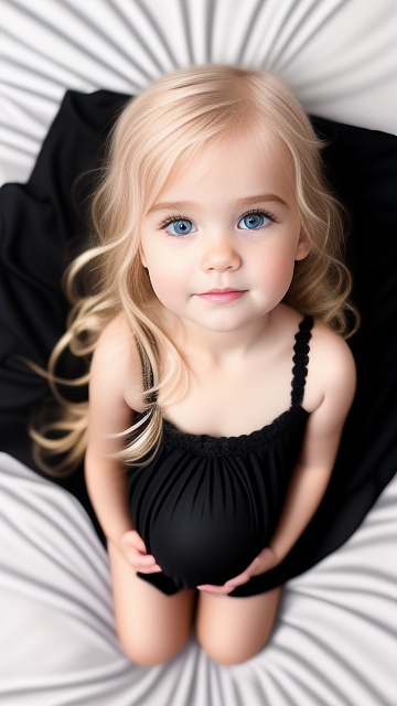 Realistic, detailed, 4-year-old blonde girl, in black dress, pregnant, laying in bed, top down full body view, red blush, right hand on belly, pink eyes   in custom style