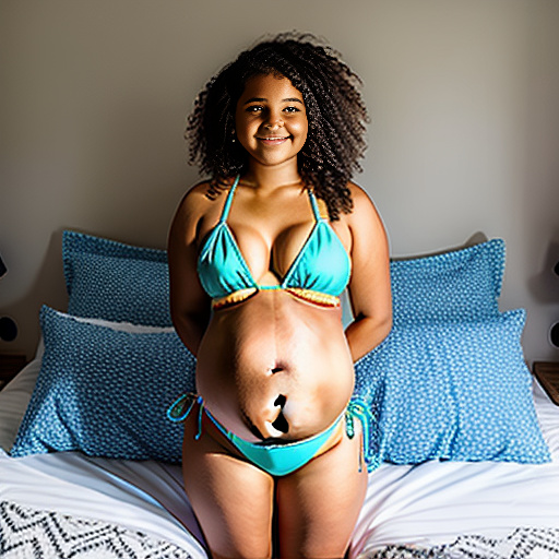 Sister of 12-years-old pregnant of 40 weeks at bed wearing bikini and a big belly  in custom style