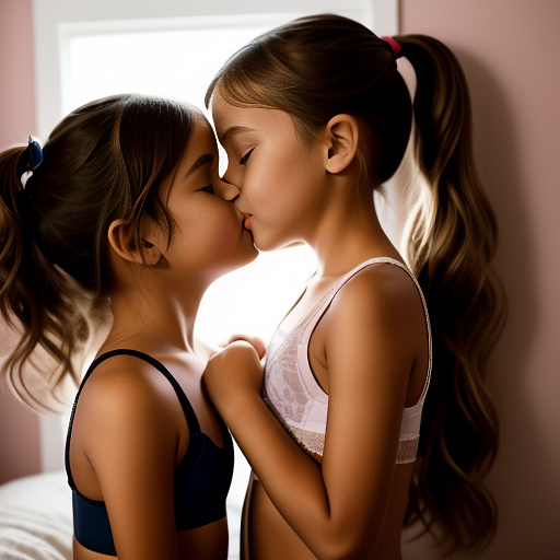 A romantic moment between a childhood couple in a cozy bedroom. the 11-year-old sexy hot girl, wearing a light, stylish bras and yoga pants, shares a gentle kiss with her 11-year-old boyfriend.  in custom style