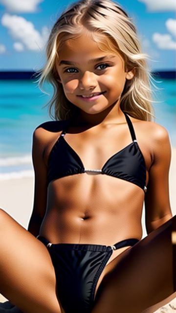 6 year old, black bikini, spreading legs, blonde hair  in custom style