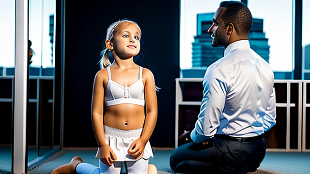 White, blonde, on knees wearing bra a girl 7 years old  looking up at 35yr-business-man, show both people fully in picture, both shown n picture in custom style