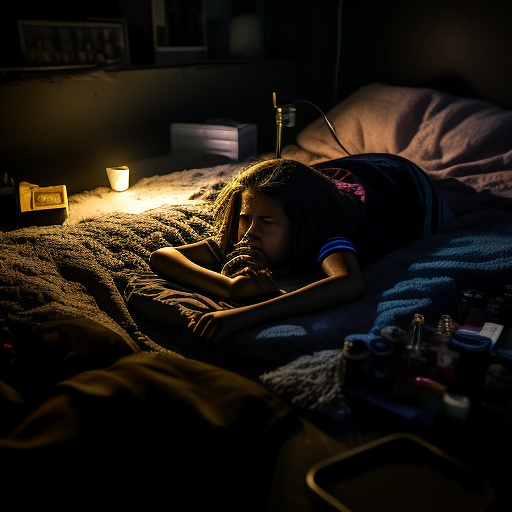 A 13-year-old girl lies on a bed in a dark room and cries. the room is dark, smoky and a mess, the bed is broken. there is an ashtray with an outstanding cigarette on the table. in custom style