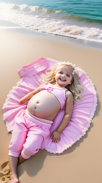 Realistic, detailed, 2-year-old blonde girl, pregnant, pink wedding outfit, showing belly, laying on beach, top down full body view, mouth open,  in custom style