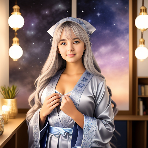 A cute young woman (gray haired) (mystical robes with intricate star designs) is in her workshop with many star observation tools and a huge tome of astrological signs before her
 in anime style