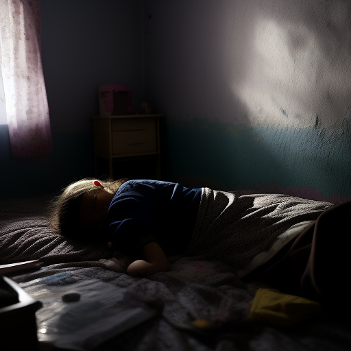 A 13-year-old girl is lying on a bed and crying. the room is dark and messy, the bed is broken. in custom style