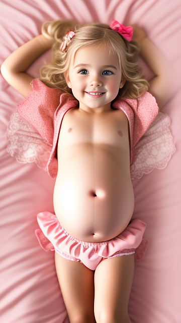 Realistic, detailed, 4-year-old blonde girl, pregnant, pink wedding outfit, showing belly, laying in bed, top down full body view, red blush, tan skin  in custom style