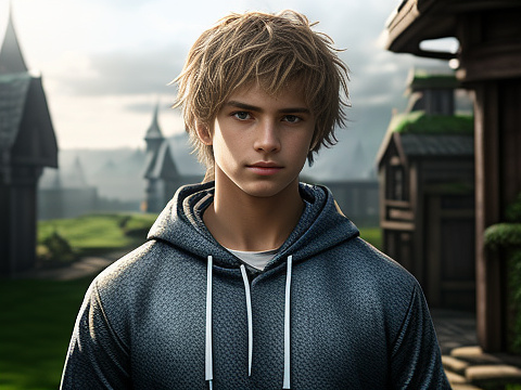 Cute mördern teen white skinned boy with fair skin and messy hair sparking eyes in hoodie.  in fantasy style