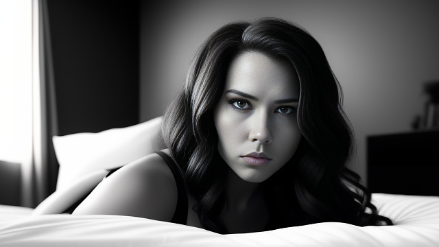 Marvel black widow in bed lingeree in bw photo style