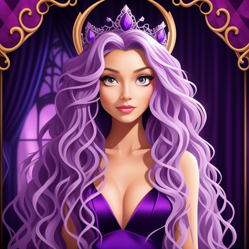 Female, long curly blonde hair, hazbin hotel, queen, purple dress, purple eyes
 in disney painted style