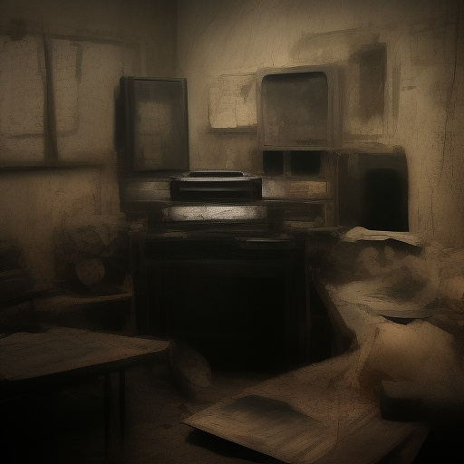 In a dark room, there is a telephone and a gun on the table. a man is sitting on a chair, and he is dead. in custom style