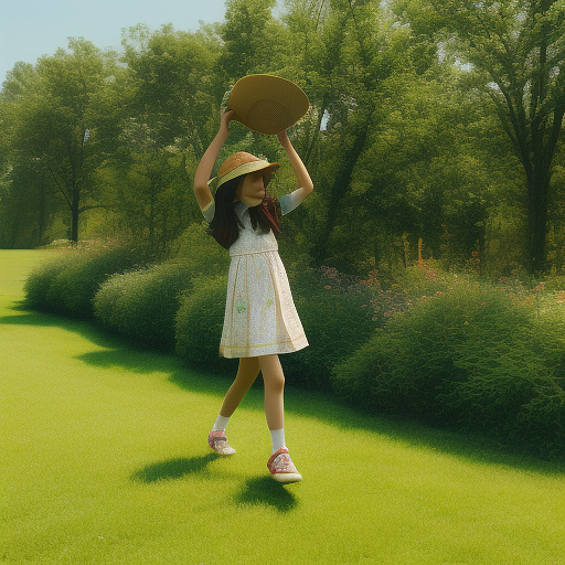 A girl is skipping across a sunny lawn. she has a basket in her hands and a hat on her head. in custom style
