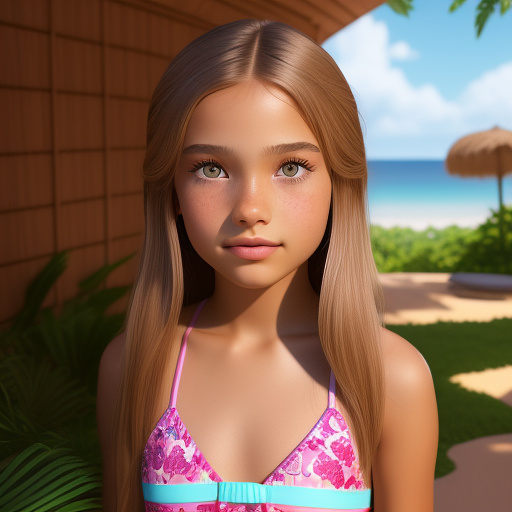 An eleven year old girl with light brown mid length straight hair, light brown eyes, wearing makeup and is wearing a two piece pink bathing suit  in disney 3d style