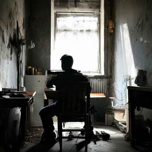 In a dark room, there is a telephone and a gun on the table. a man is sitting on a chair, and he is dead. in custom style
