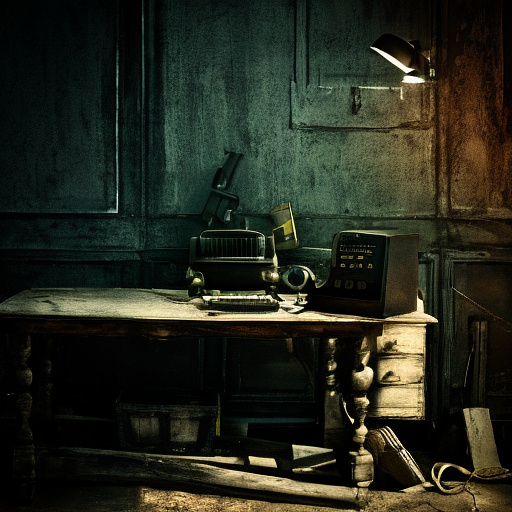 In a dark room, there is a telephone and a gun on the table. a man is sitting on a chair, and he is dead. in custom style