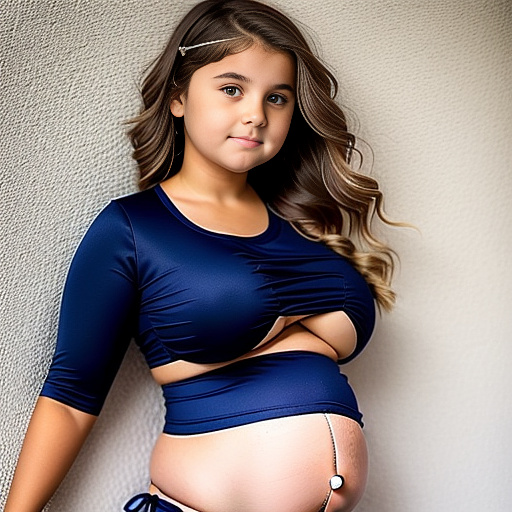 Little sister of 13-years-old pregnant of 40 weeks at bed and a round big belly and not that big boobs dressing a bikini looking back "not touching her belly" as she had a rough day at school and not that chubby in custom style