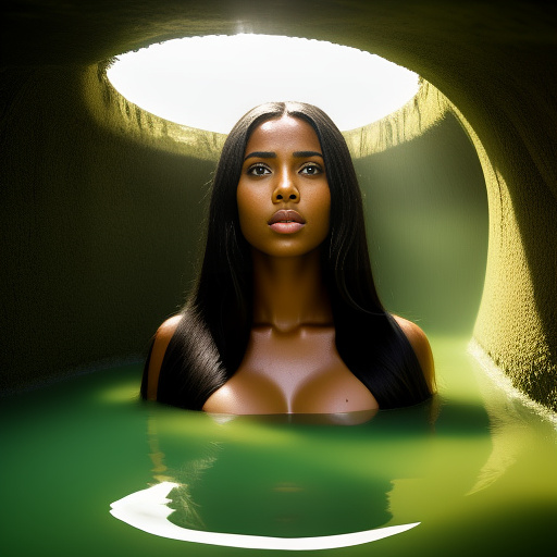 A beautiful young woman with light tan skin and long straight black hair wearing a bikini stuck in a large vat of disgusting green mud. she is disgusted and shocked. in egypt style
