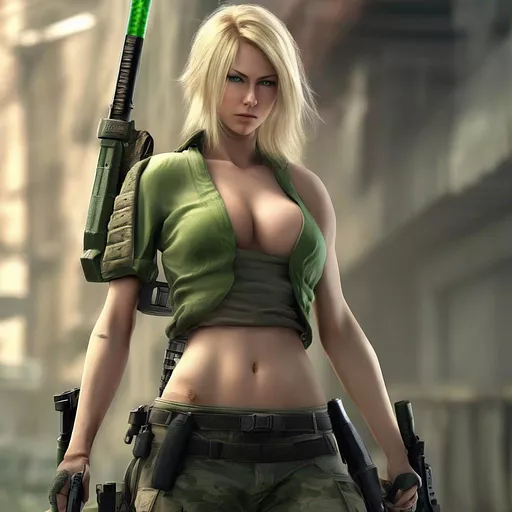 Woman katana small breasts topless call of duty action blonde green eyes  in realistic style