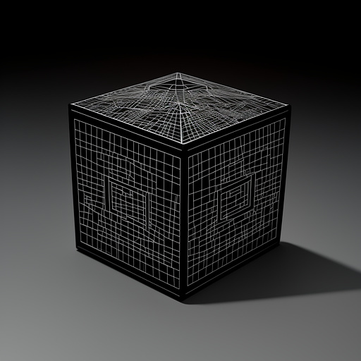 Cube wireframe making a letter n, color white and anthracite with shadow. in anime style