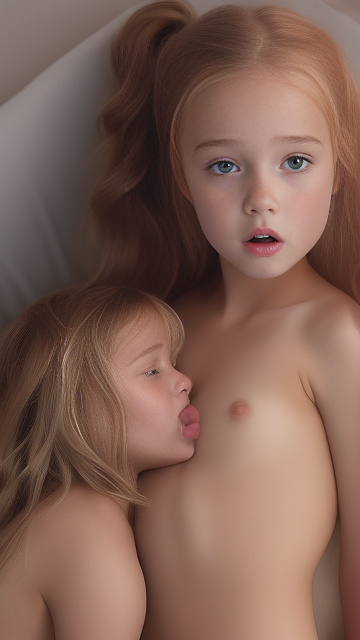 A 9-year-old naked girl is sucking another girl's breast. in custom style