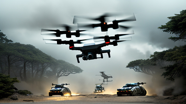 Aerial drones in combat with each other. in sci-fi style